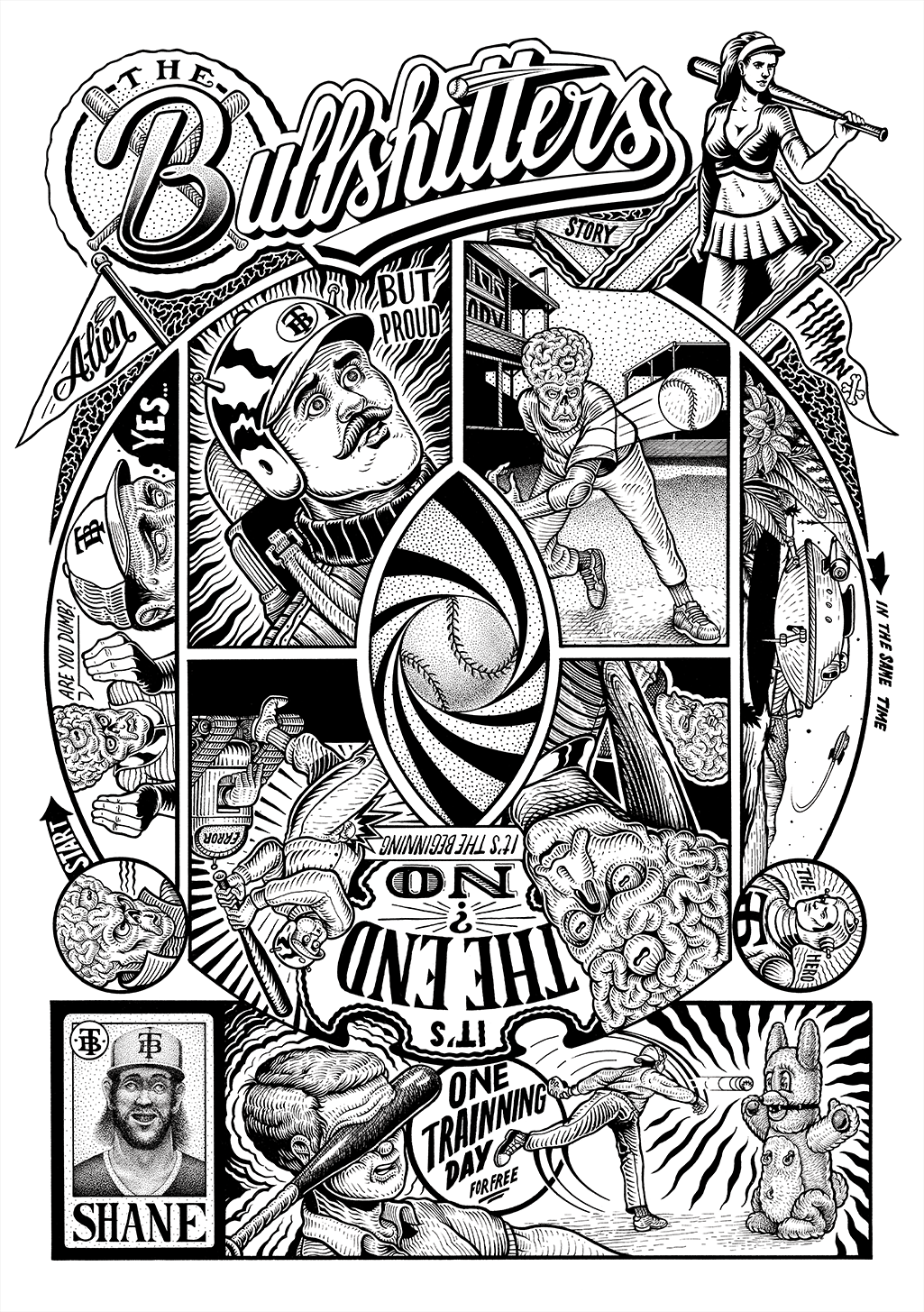 Illustration en noir et blanc des Bullskitters, baseball, personnages, texte,èmes, Shane