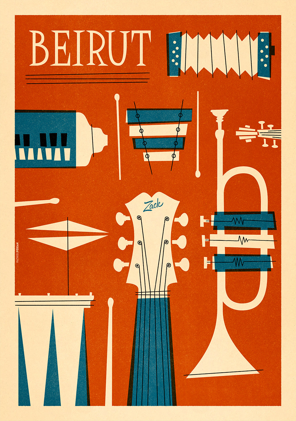 Illustration stylisée de Beirut avec des instruments de musique