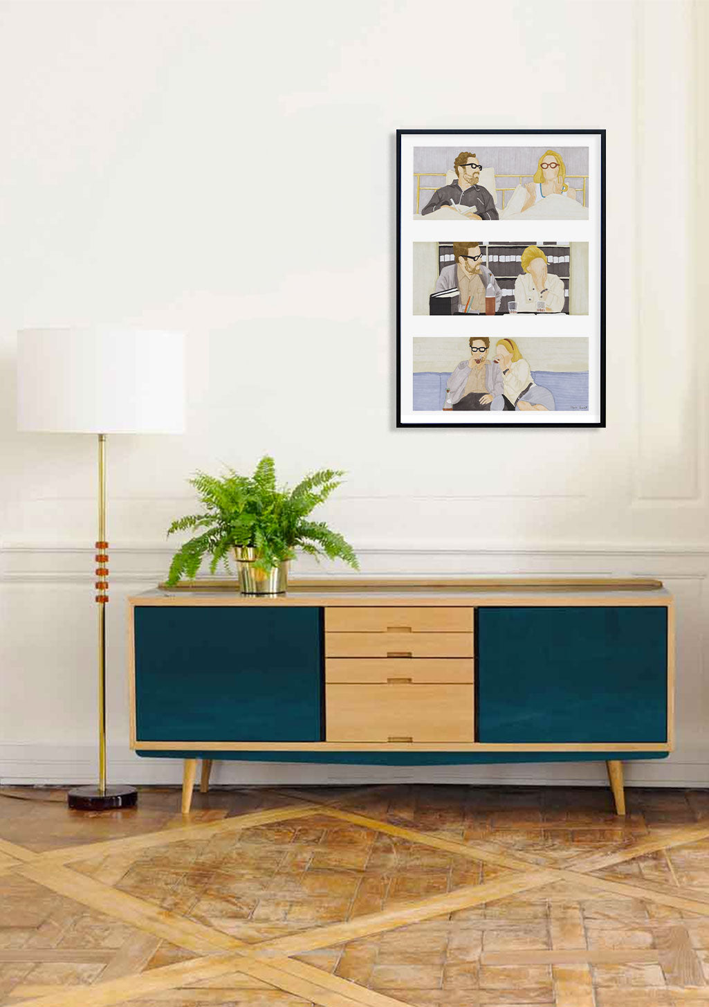 Art moderne, trois scènes, homme et femme, intérieur, couleurs vives