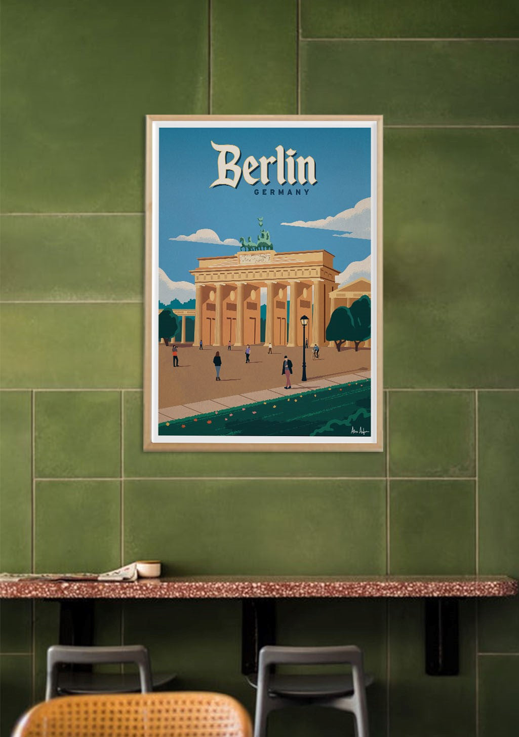 Berlin Allemagne, Porte de Brandebourg, ciel bleu, personnes, arbres, rue, illustration vintage