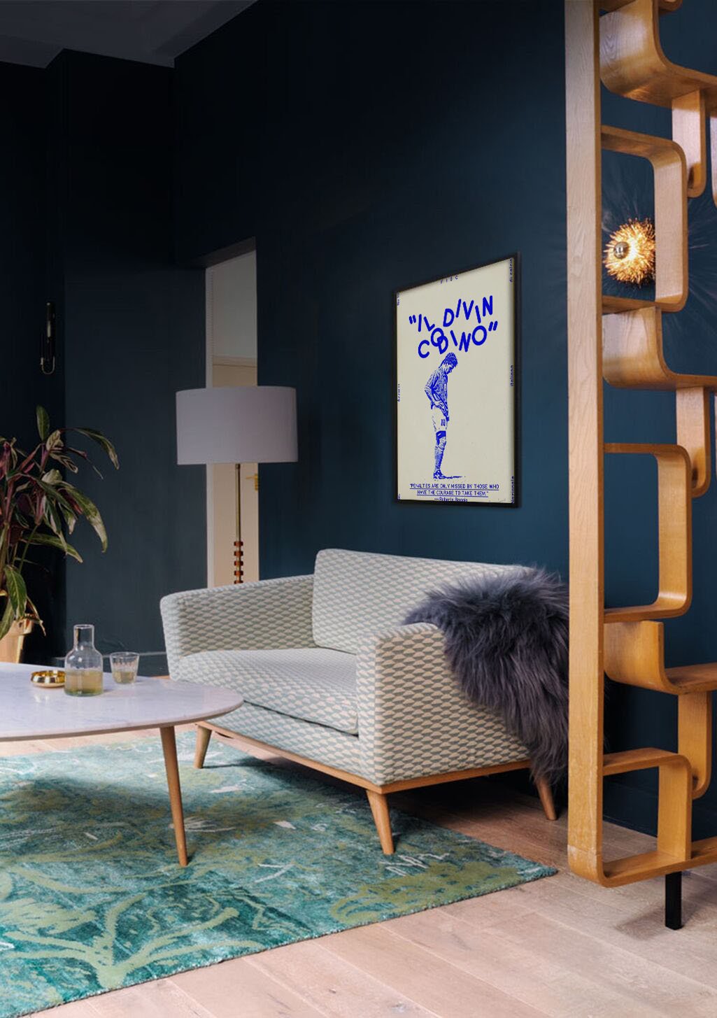 Art moderne, figure stylisée, texte bleu, "IL DIVIN COWO"