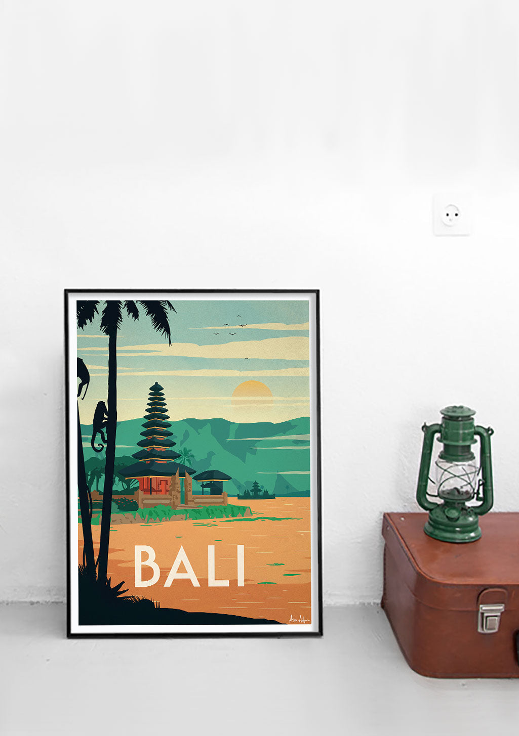 Poster de Bali avec plage, coucher de soleil, temple