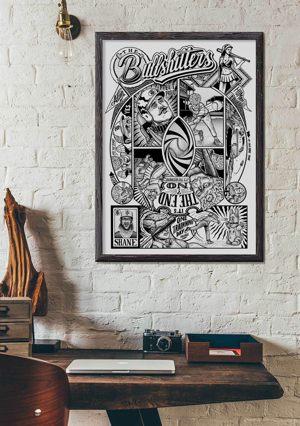 Affiches des Bullshitters, musique, scène, instruments, homme, femme, texte, dessin, encadré, mur, bureau
