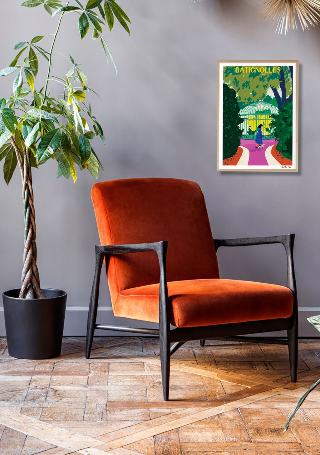 Poster coloré avec texte "BATIGNOLLES" et illustration de jardin