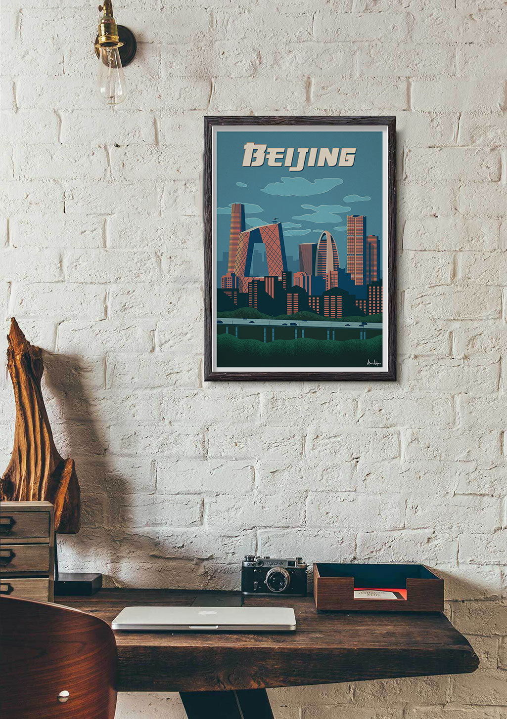 Poster de Beijing, ville, gratte-ciel, nuit, ciel bleu, cadre, mur blanc