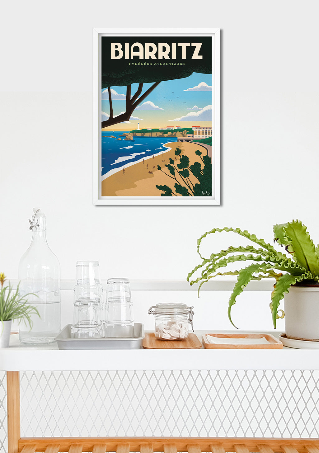 Plage de Biarritz, France, affiche vintage, style rétro, bord de mer