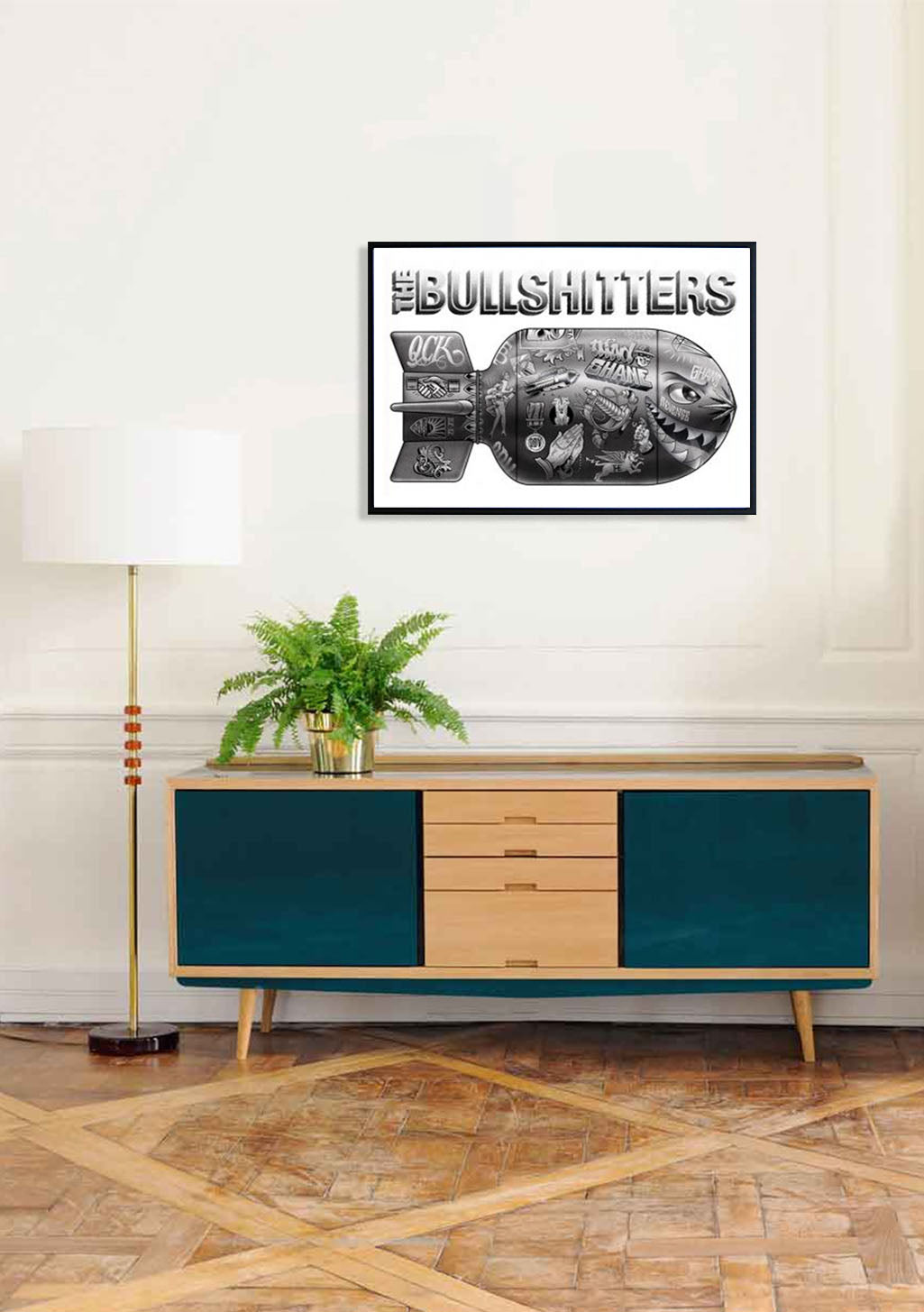 Bullshitters poster, poisson, texte, musique, noir et blanc