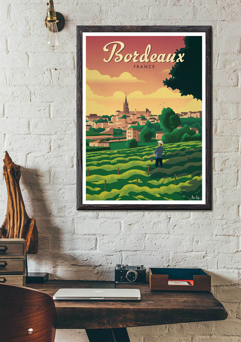 Poster Bordeaux France, Vignoble, Village, Coucher de soleil