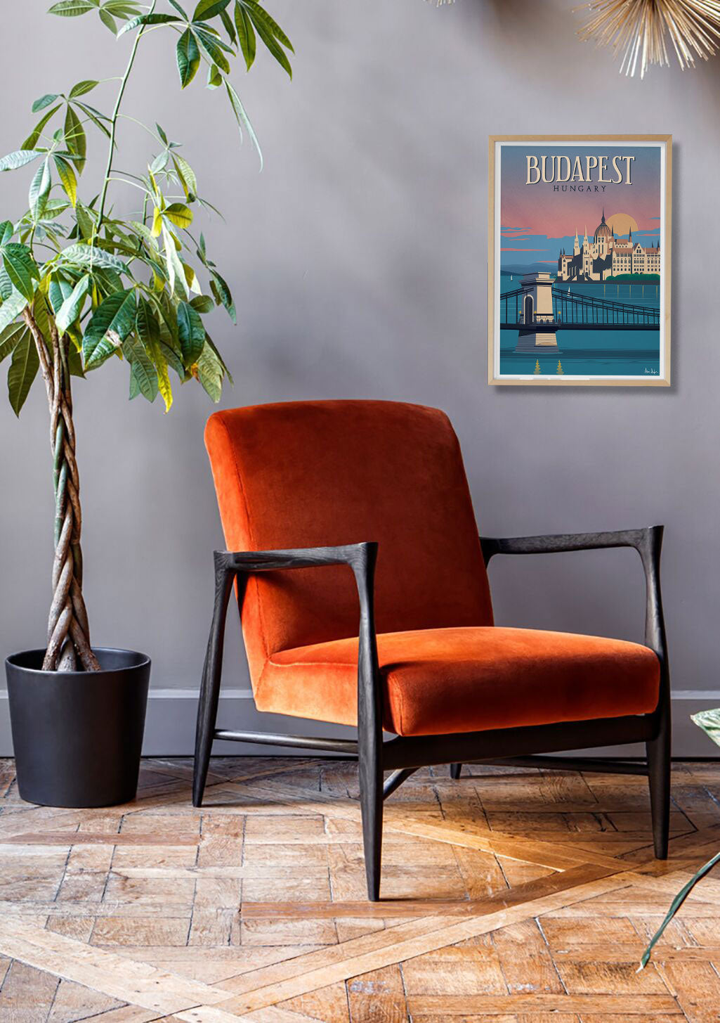 Poster Budapest Hongrie, pont, bâtiment, coucher de soleil