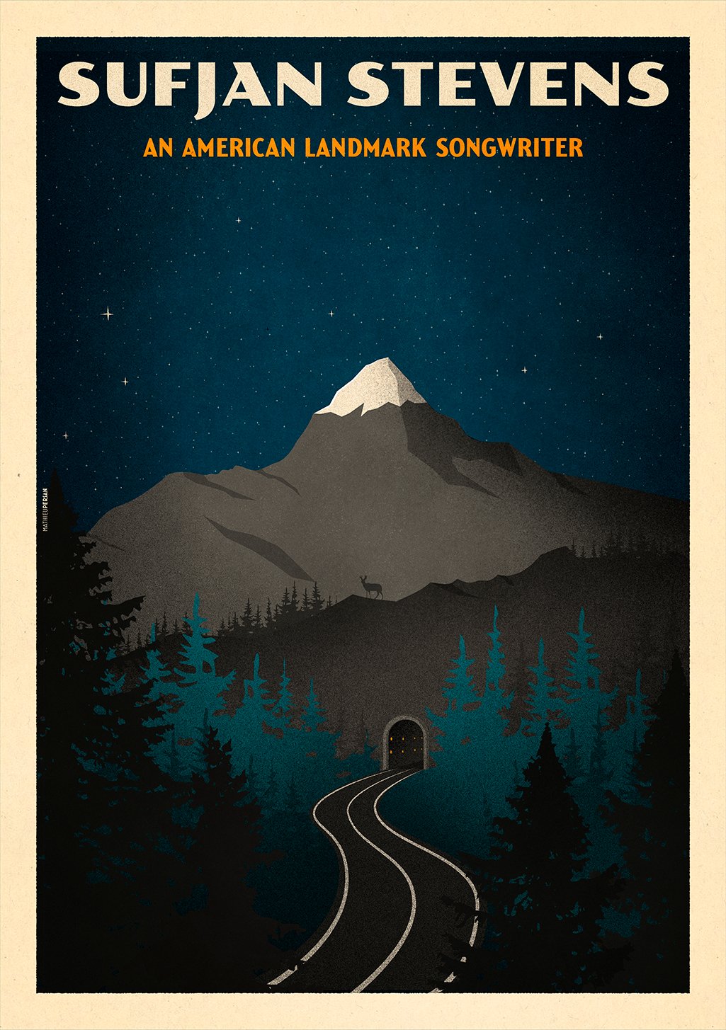 Affiches de Sufjan Stevens, écrivain de chansons, montagne, forêt, tunnel, étoiles, nuit, nature, voyage