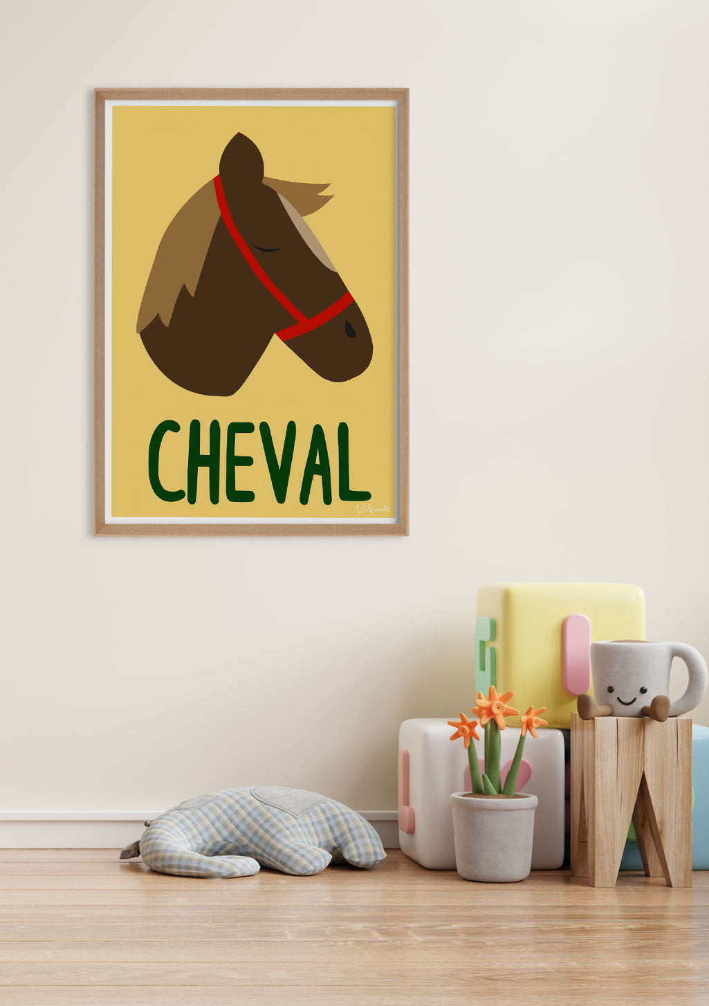 Cheval marron avec bride rouge sur fond jaune