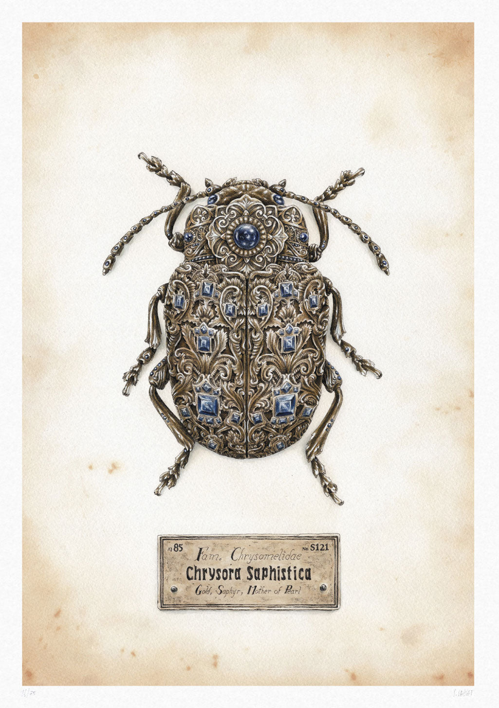 Beetle orné avec des pierres précieuses, étiquette en bas
