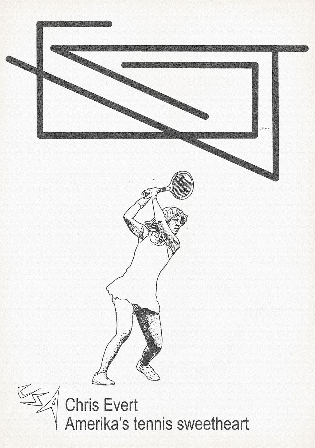 Illustration en noir et blanc d'un joueur de tennis, Chris Evert, frappant la balle