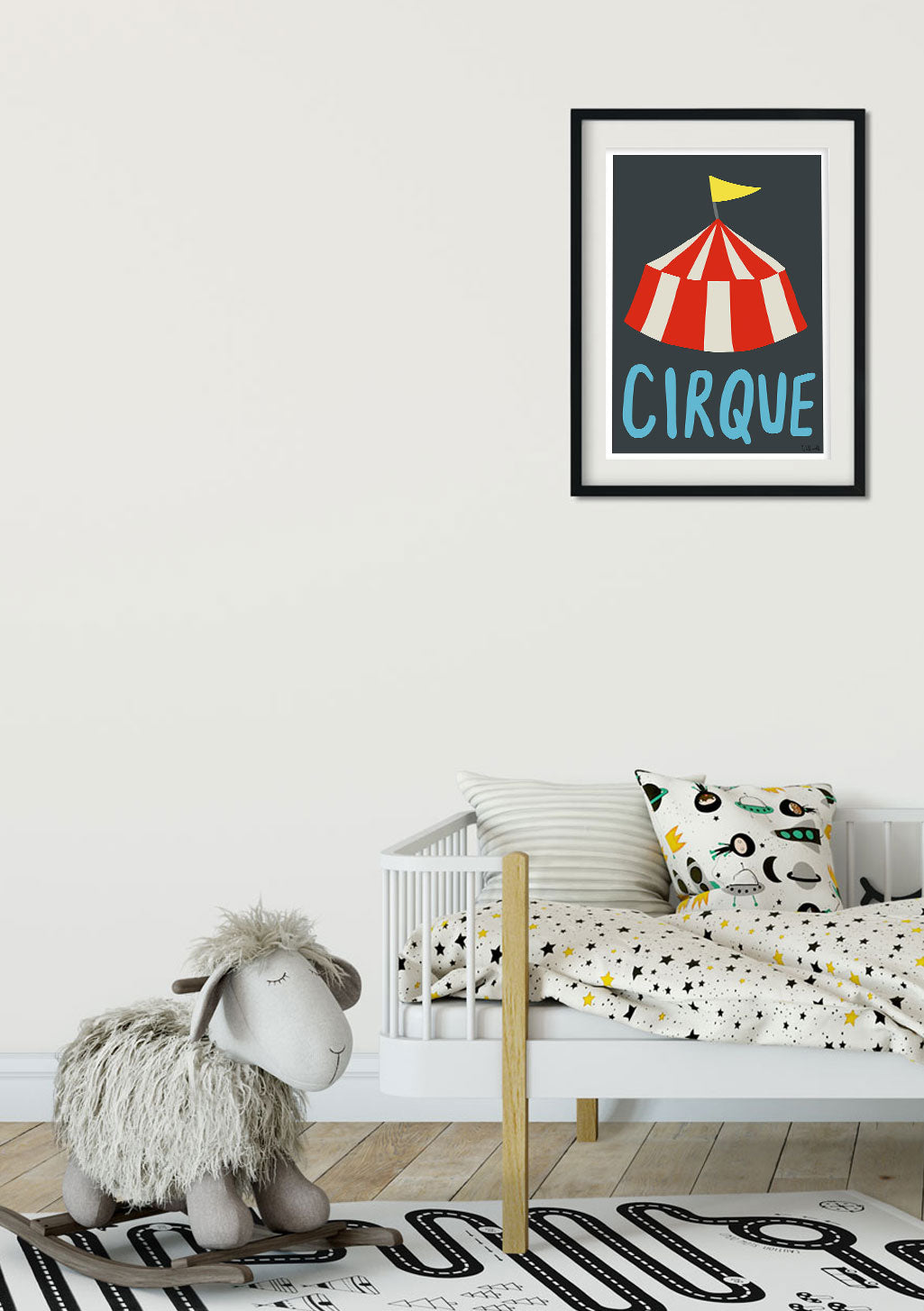 Poster de cirque avec chapiteau rouge et blanc, texte bleu "CIRQUE"