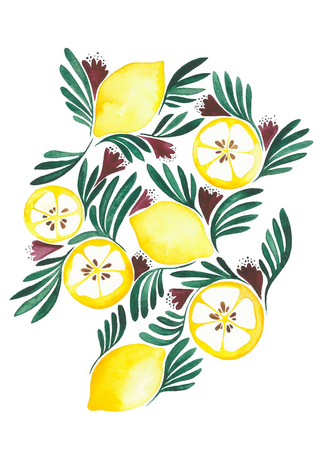 Citrons, feuilles vertes, fleurs, nature morte, aquarelle, jaune, blanc, nature, fruits, botanique, simple, frais