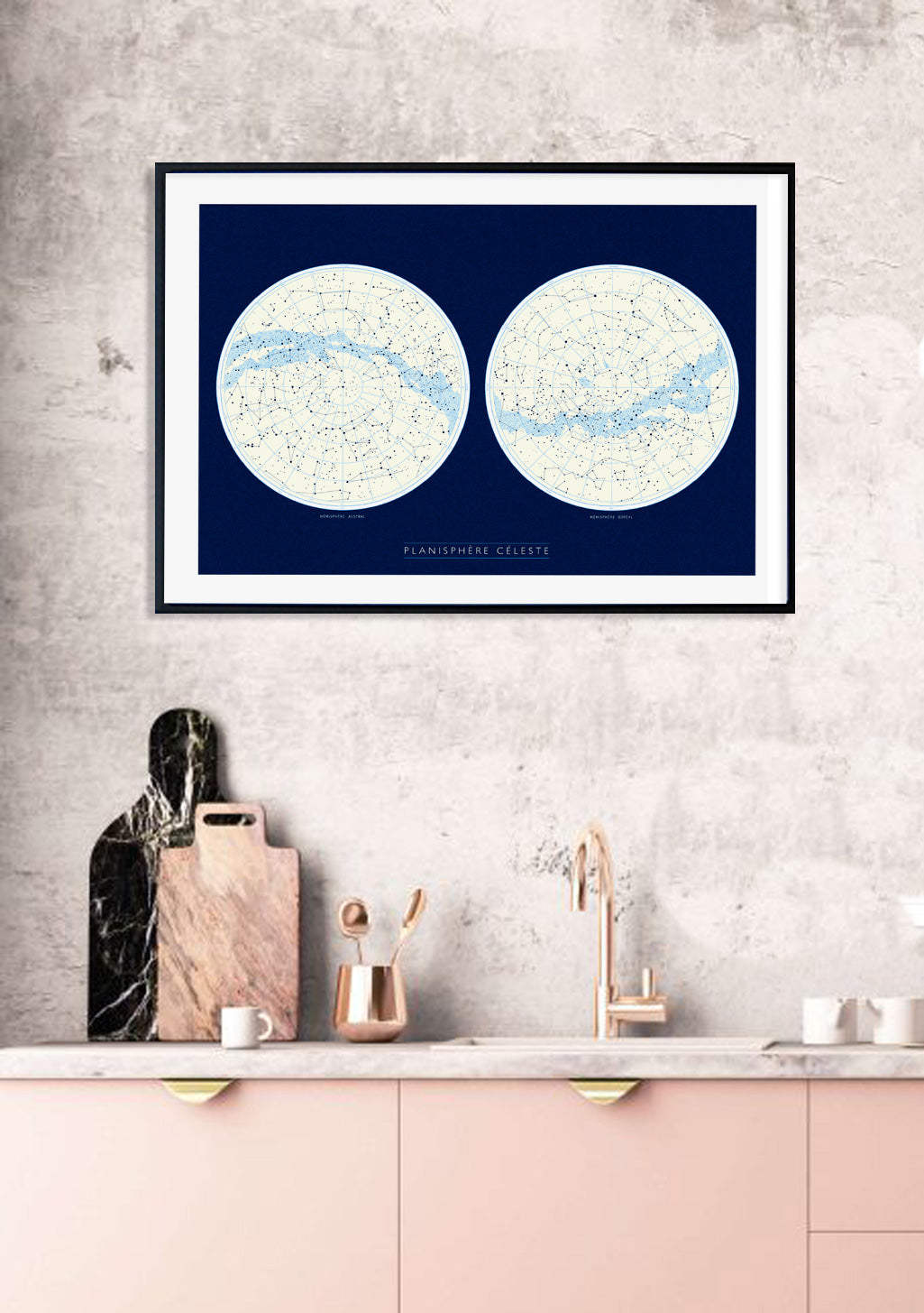 Carte céleste, planisphère, étoiles, constellations, nord, sud, ciel nocturne, art, cadre, mur, cuisine, décor