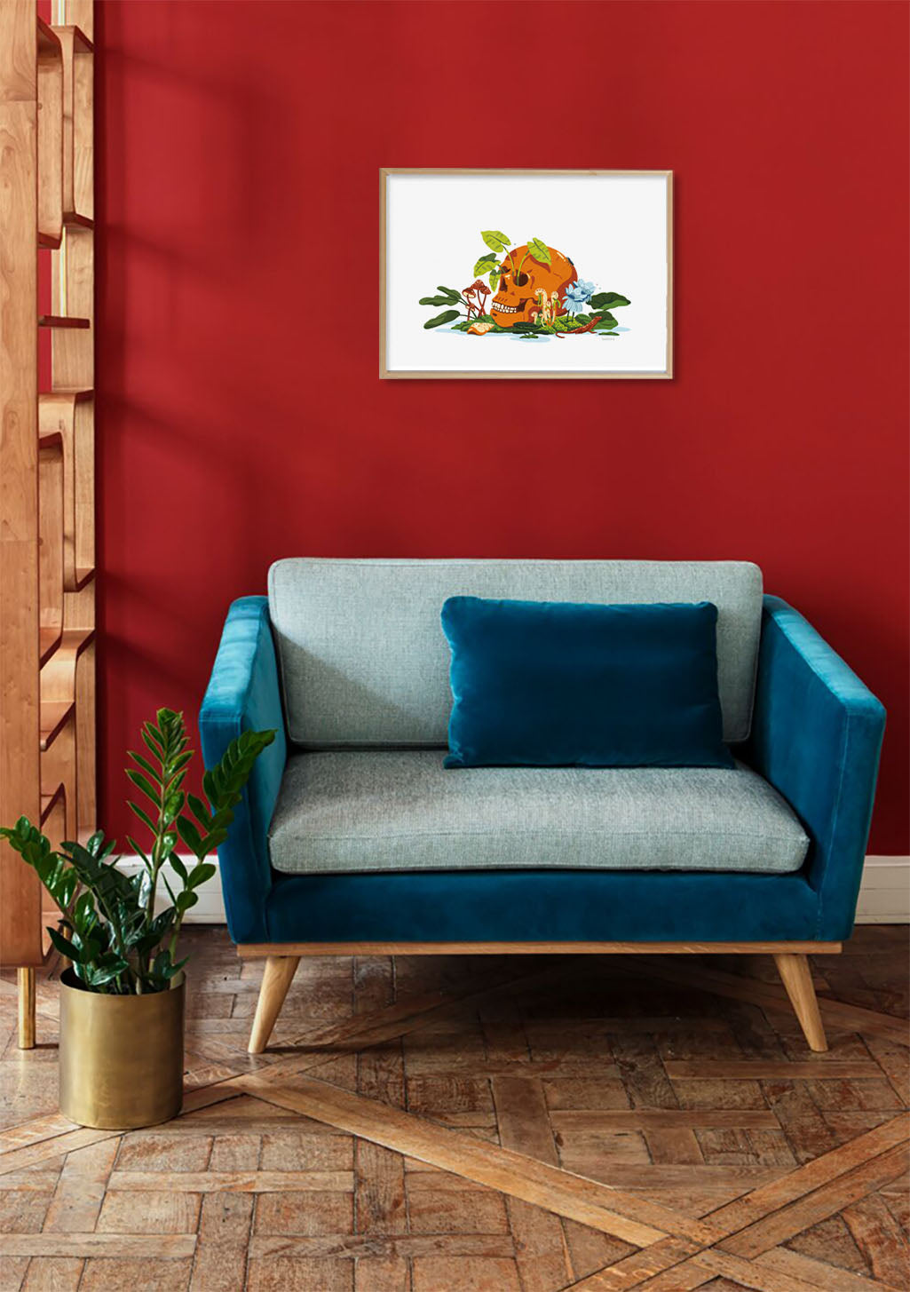 Poster orange et vert, illustration stylisée, cadre blanc