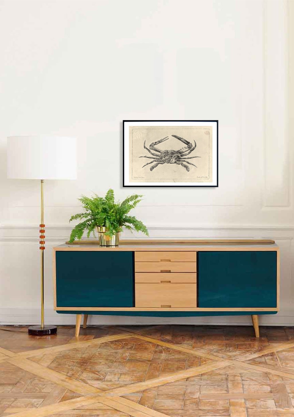 Poster de crabe noir et blanc encadré