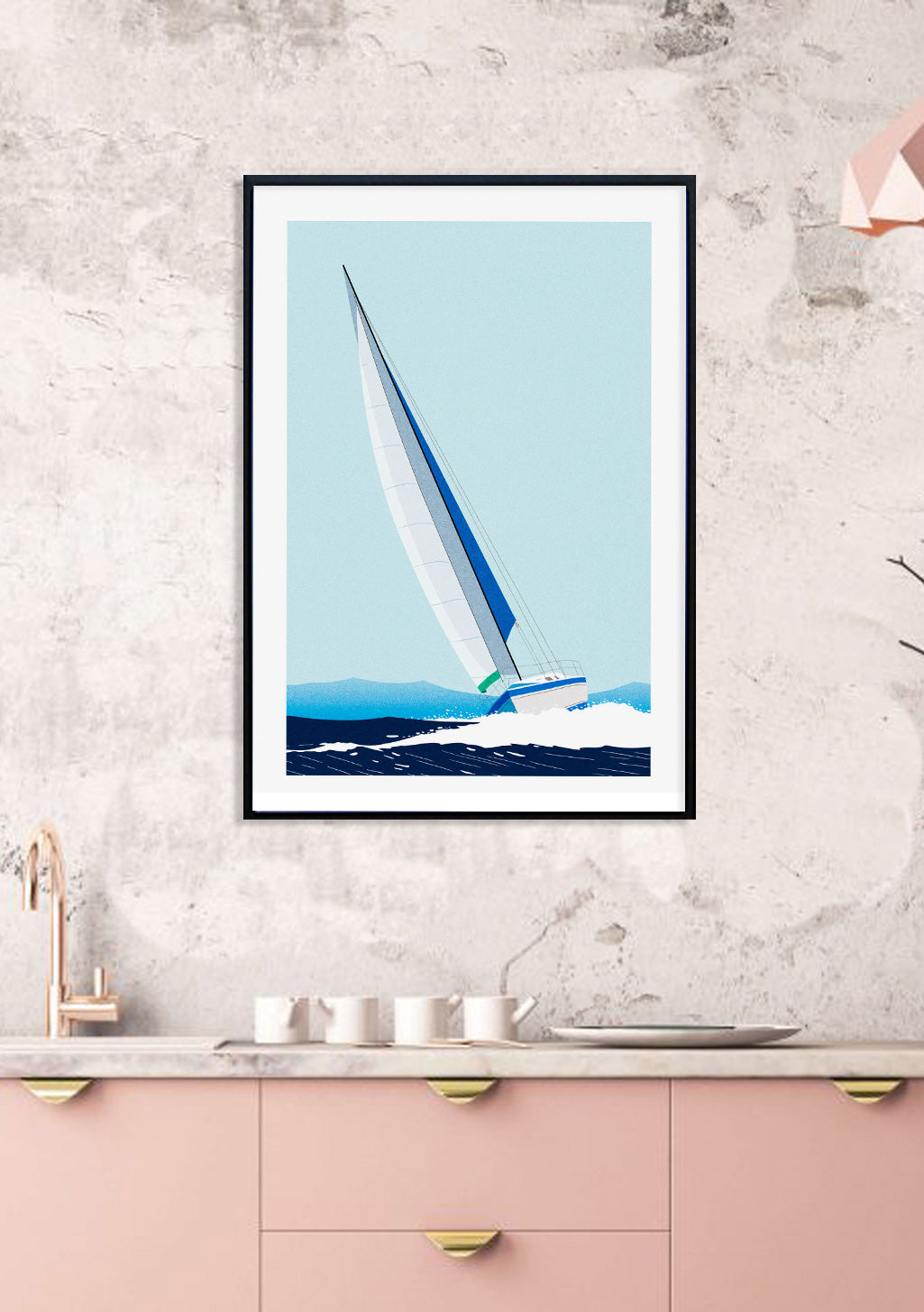 Voile sur mer, bleu et blanc, bateau, vent, vagues, art minimaliste