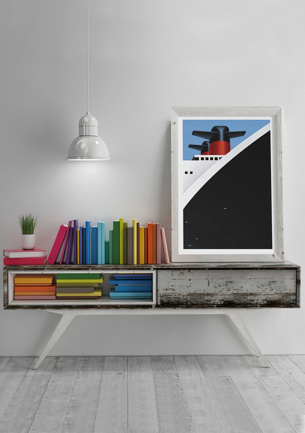 Poster abstrait avec bateau rouge et bleu