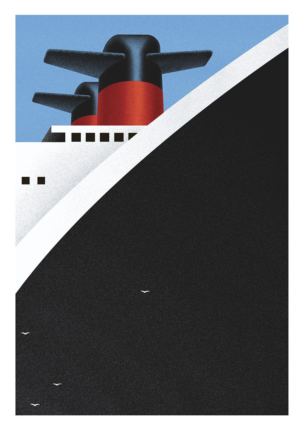 Avion rouge et noir, ciel bleu, oiseaux, diagonale blanche