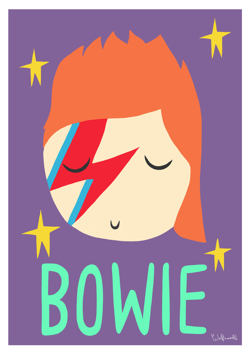 Illustration stylisée de Bowie avec cheveux orange et éclair rouge
