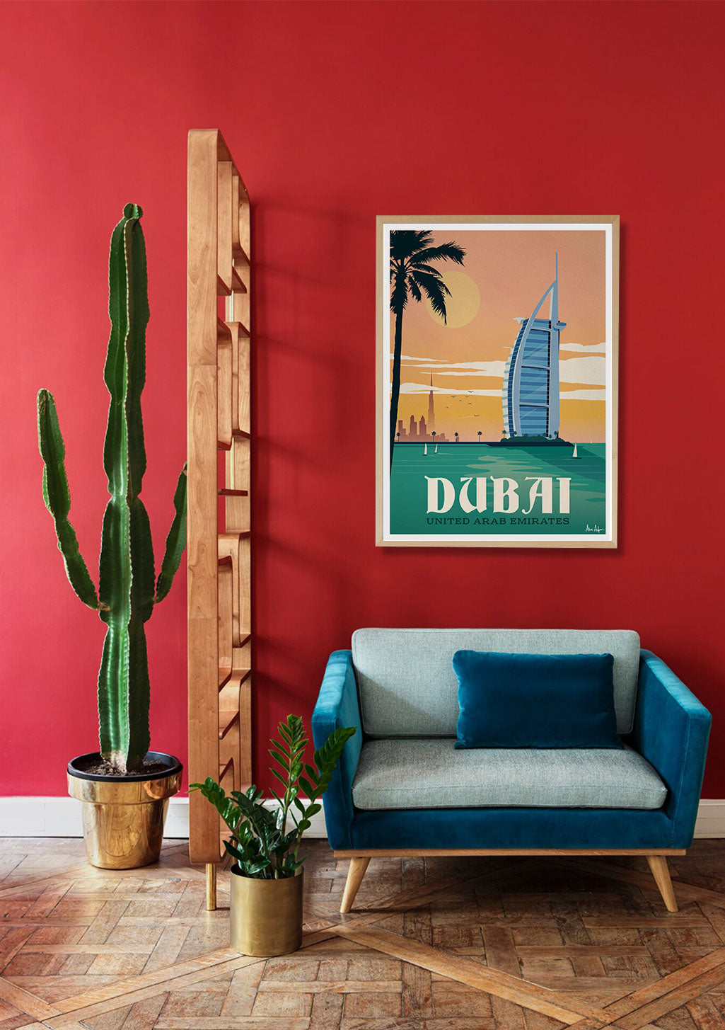 Poster de Dubaï, Émirats arabes unis, Burj Al Arab, coucher de soleil, palmiers