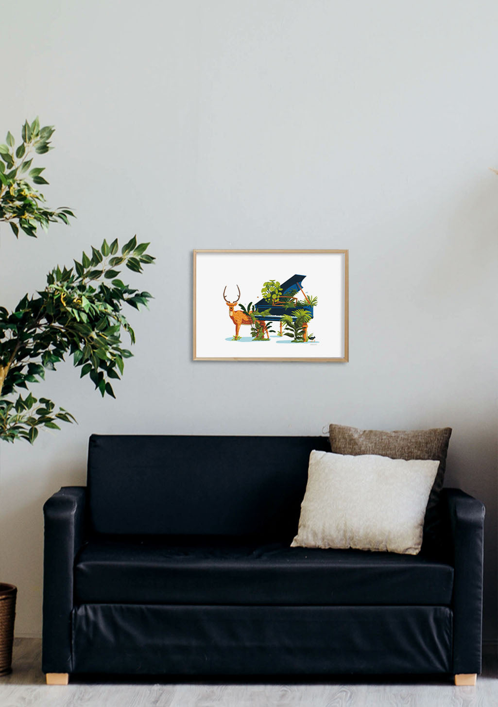 Cerf, piano, oiseau, nature, aquarelle, cadre doré