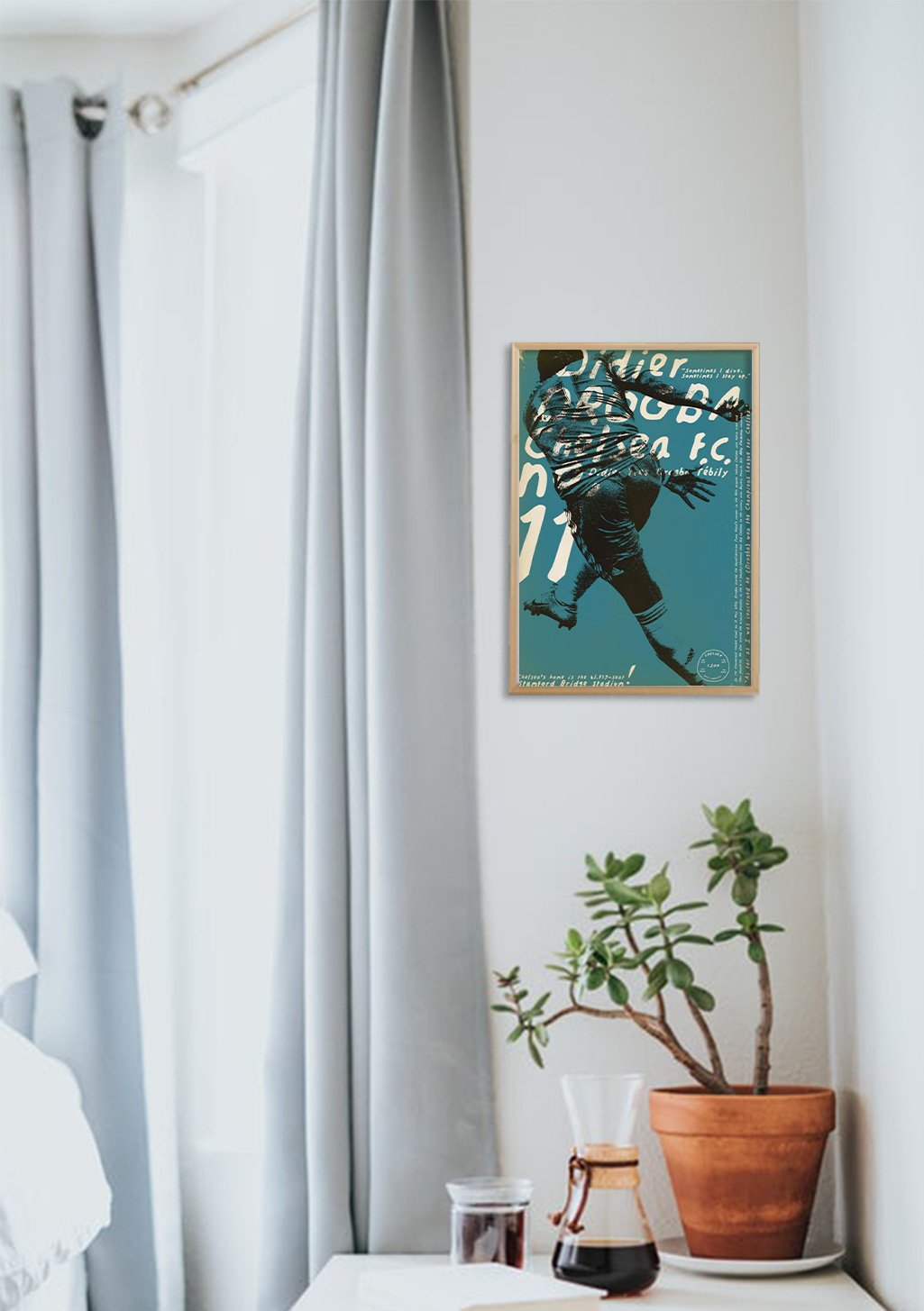 Poster de football, joueur, texte, bleu, mur blanc