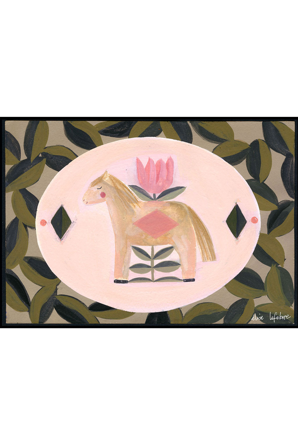 Cheval rose, fleur, feuilles vertes, fond ovale, art minimaliste
