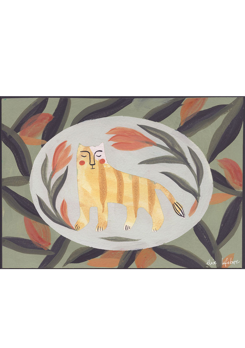 Chat jaune dans un ovale avec feuilles vertes et orange