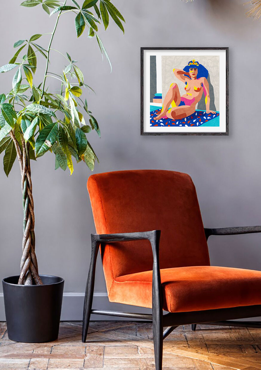 Femme colorée, assis, bleu, orange, moderne, peinture, mur, cadre, maison, art