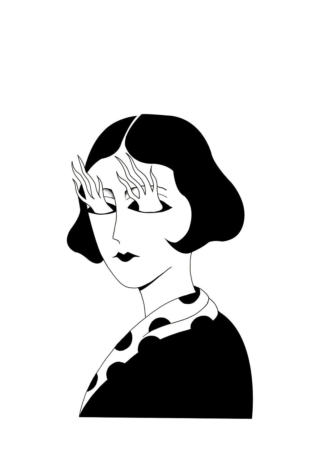 Illustration en noir et blanc d'une femme avec des cheveux courts