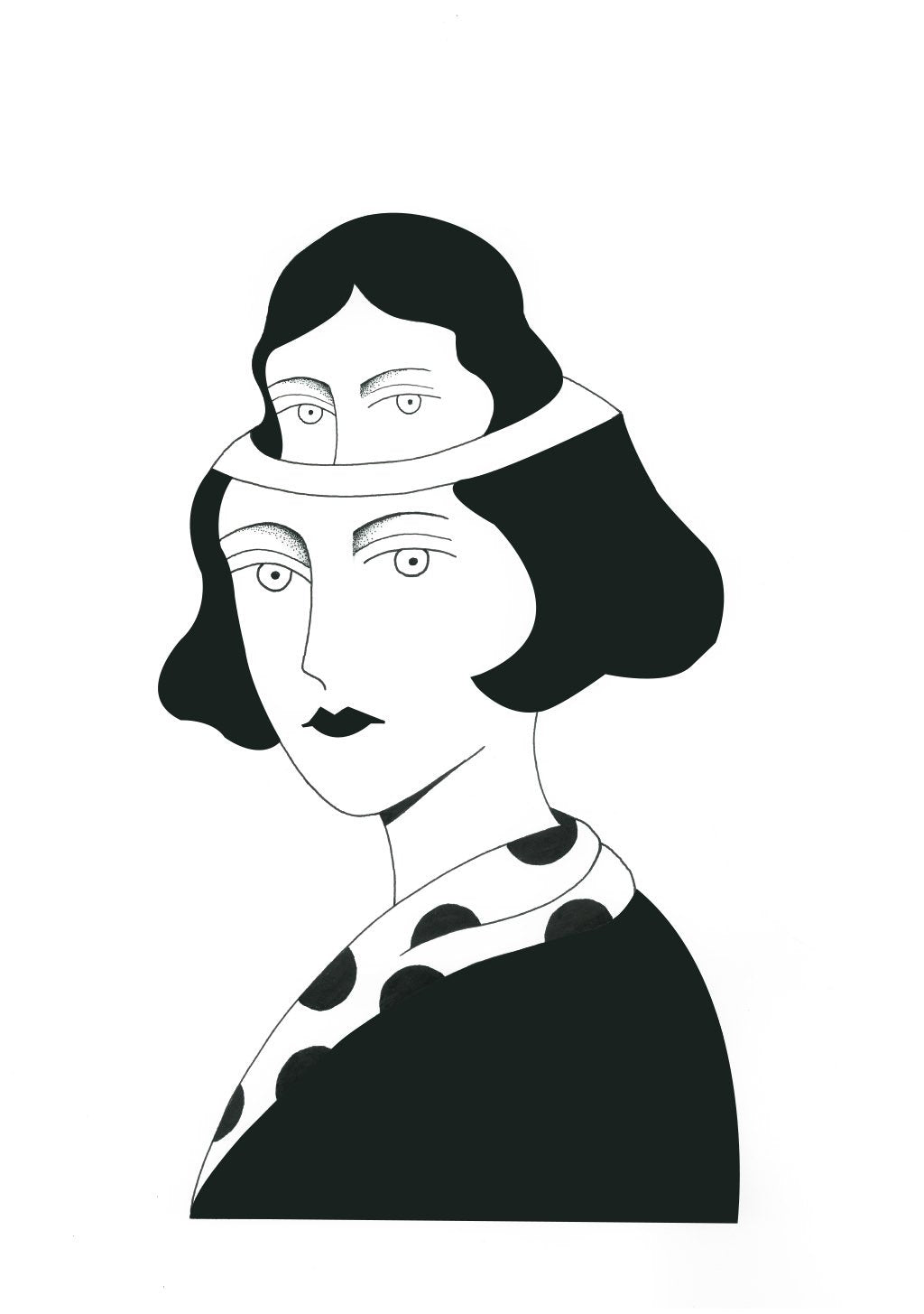 Illustration en noir et blanc d'une femme avec deux visages