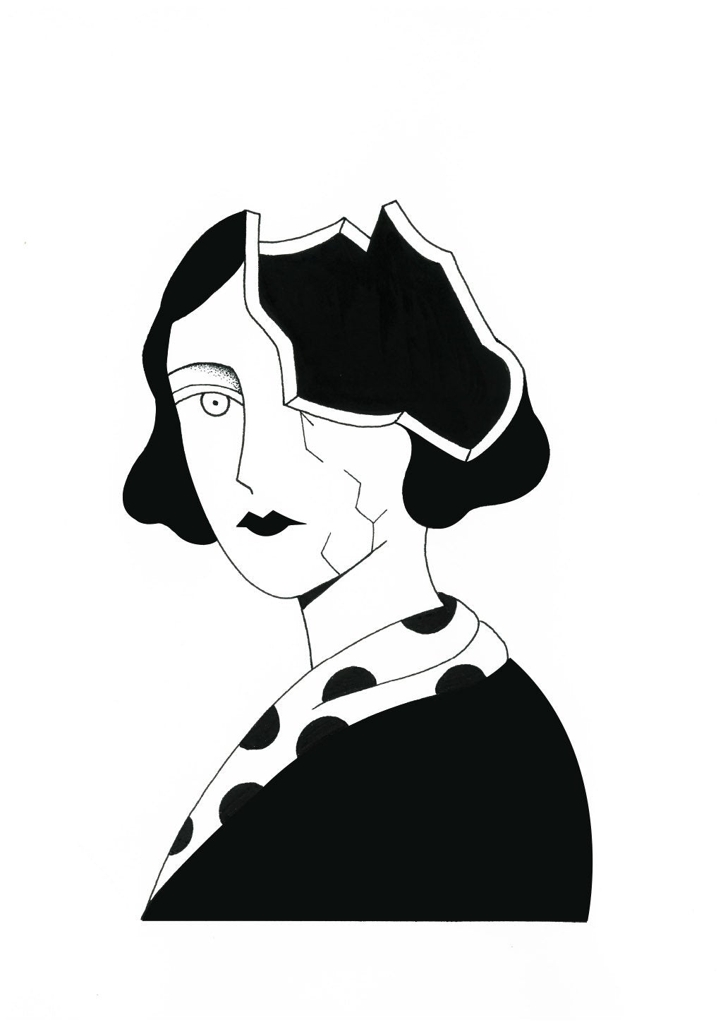 Illustration en noir et blanc d'une femme avec des cheveux courts et des pois sur le col