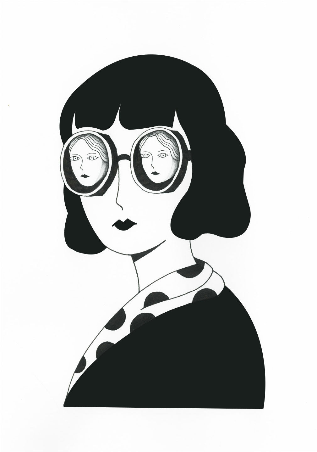 Femme aux lunettes avec visages, cheveux courts, motif pois sur le col