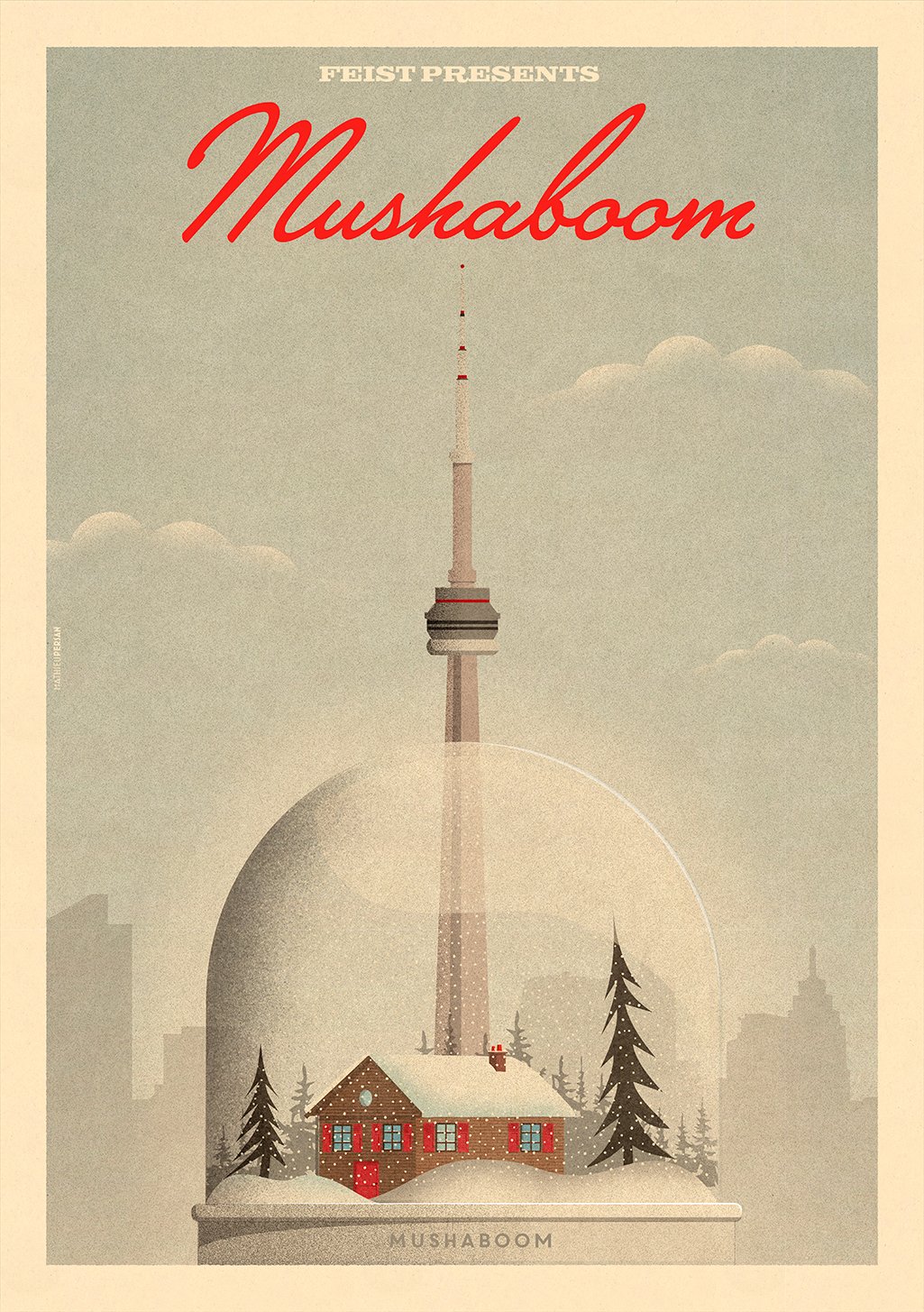 Tour CN enneigée, maison, sapin, texte "Mushaboom"