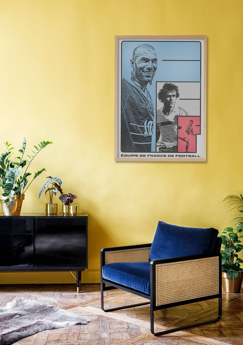 Poster de football, homme souriant, équipe de France, couleurs vives