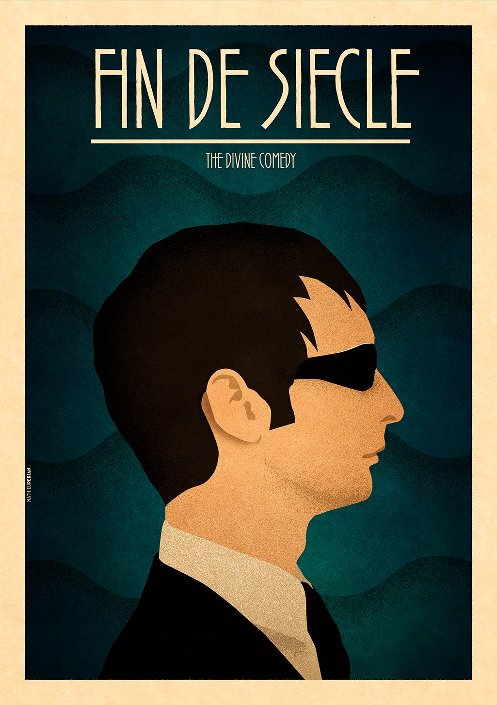 Affiches de film, homme, costume, bandeau sur les yeux, texte, comédie, style vintage