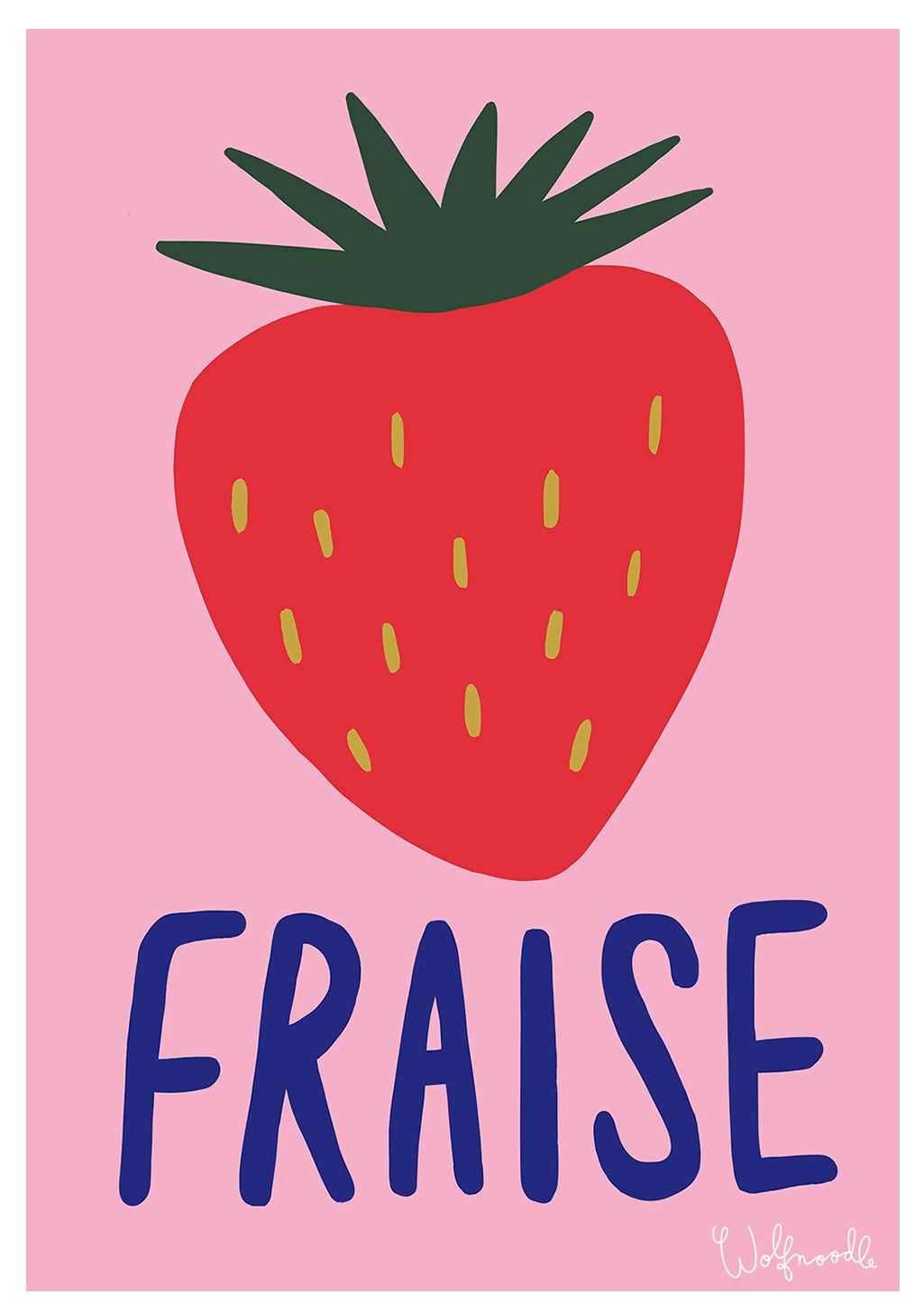 Fraise rouge, texte bleu, fond rose, art simple, typographie ludique
