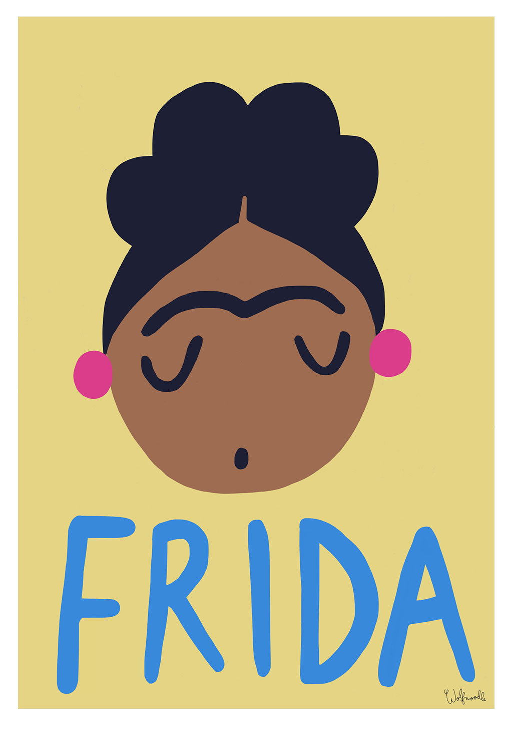 Illustration stylisée de Frida Kahlo avec texte "FRIDA"