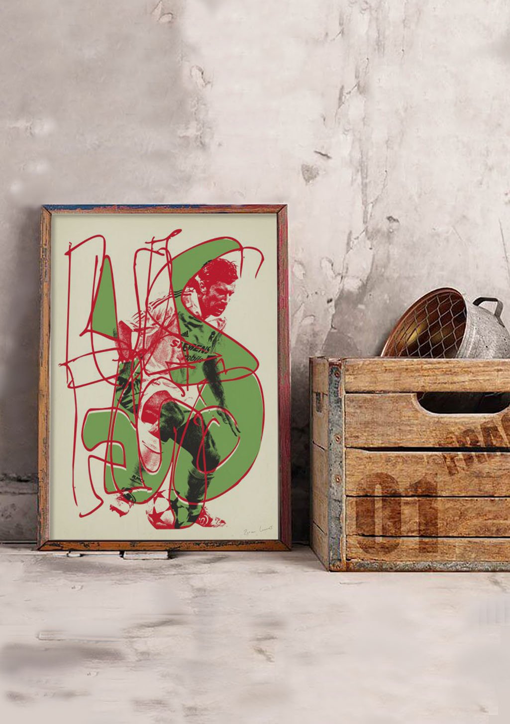 Art abstrait rouge et vert dans cadre en bois