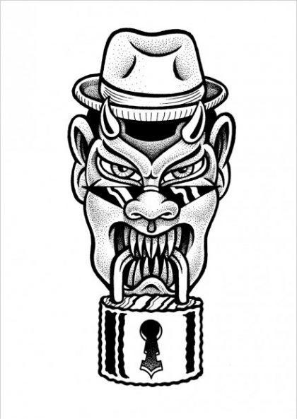 Tête de loup en colère avec chapeau, serrure, dessin en noir et blanc