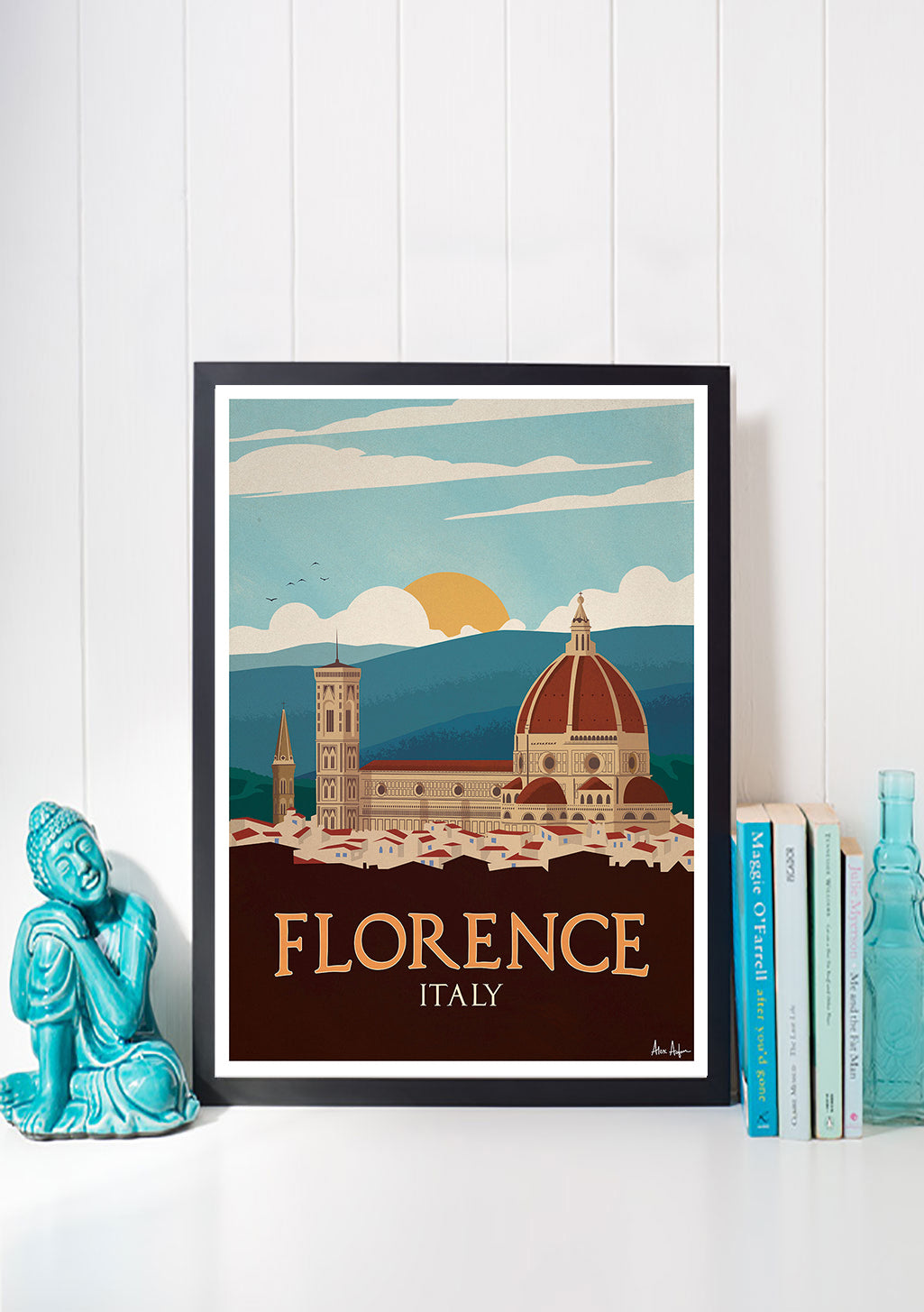 Florence Italie, cathédrale, coucher de soleil, illustration vintage