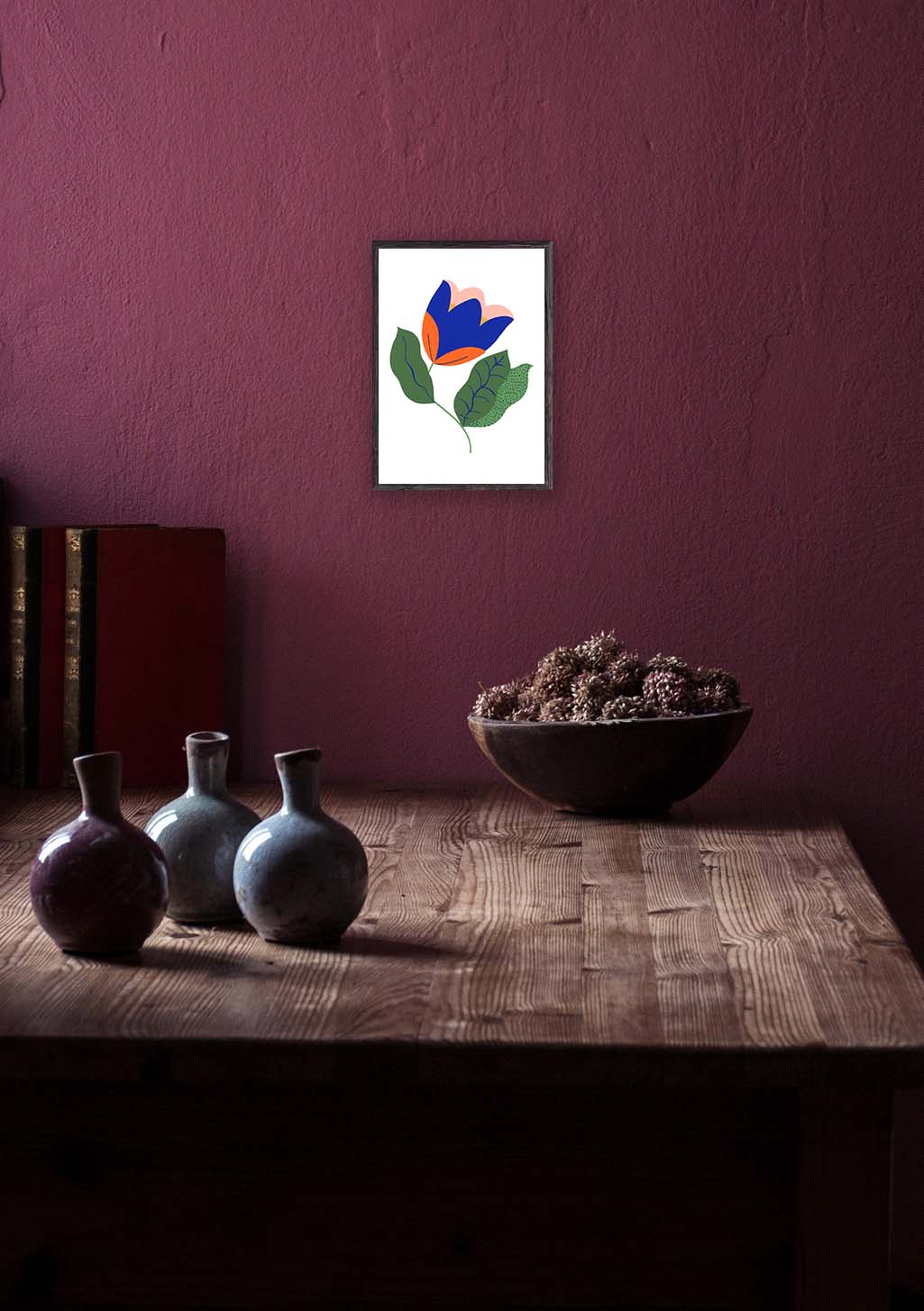 Poster floral abstrait avec fleurs bleues et oranges sur fond blanc
