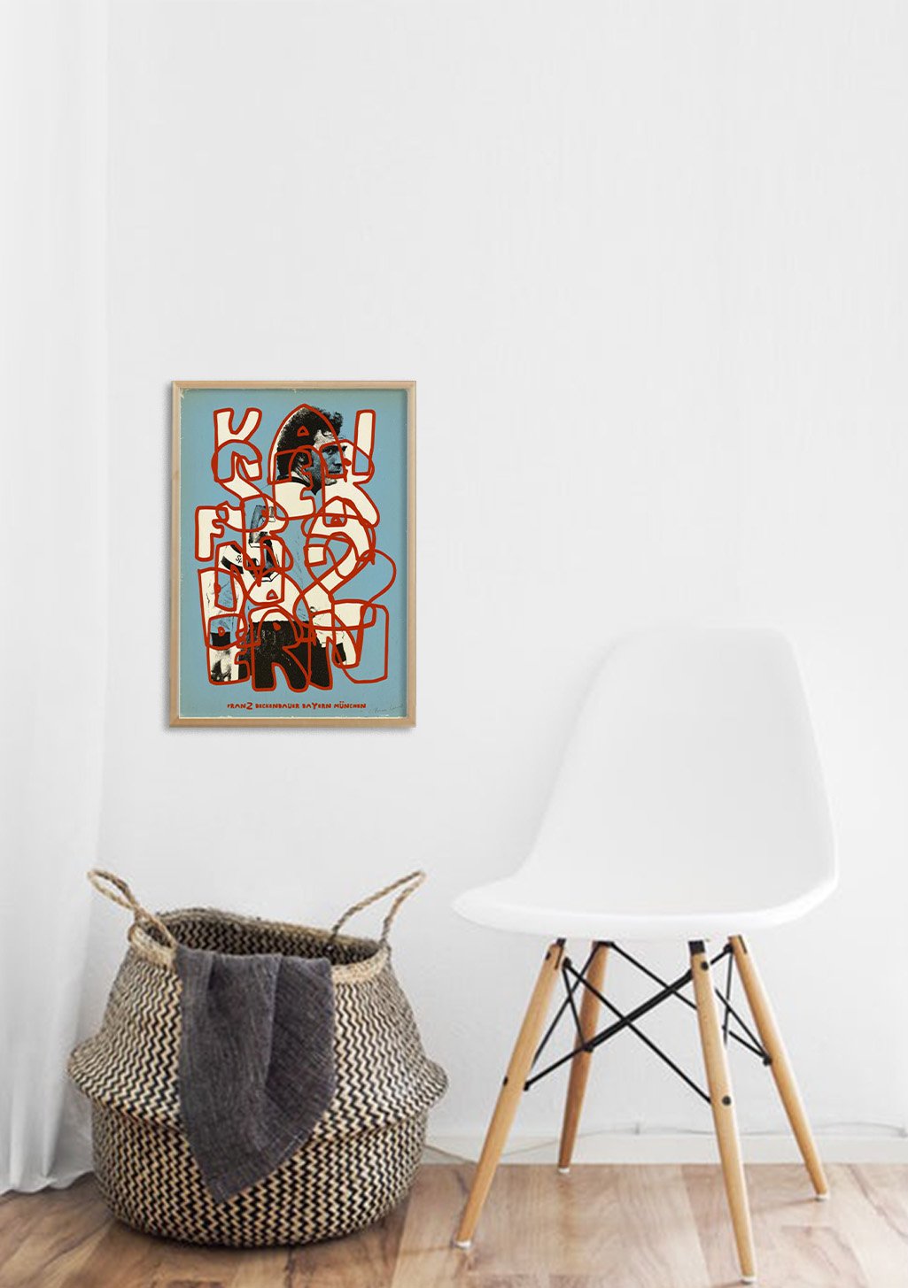 Art abstrait, formes rouges, fond bleu, texte illisible