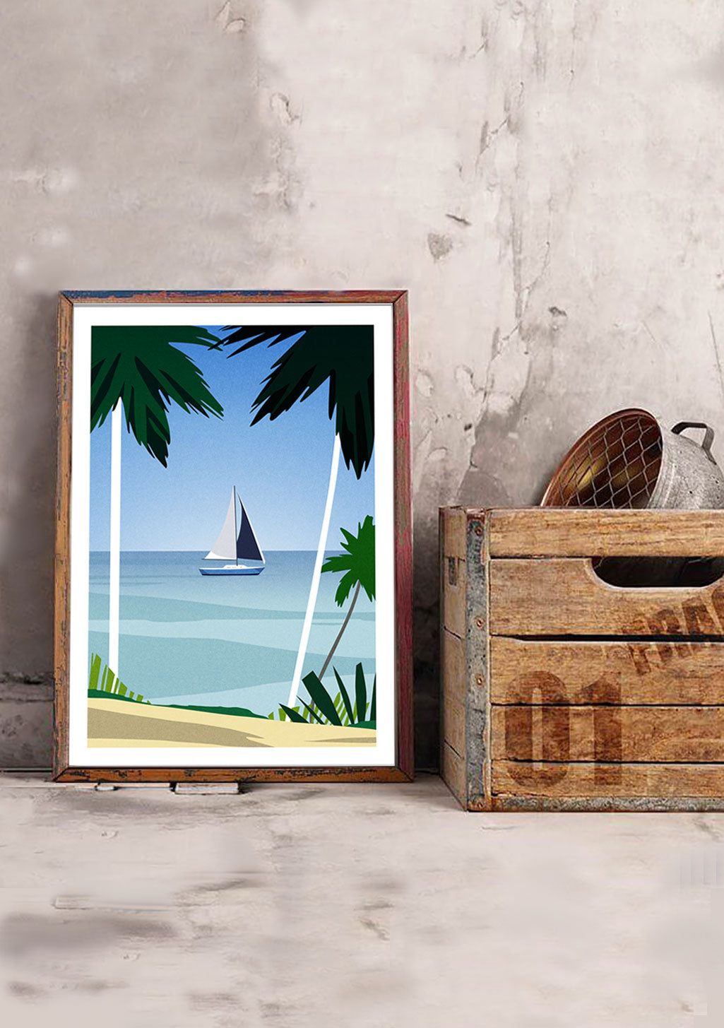 Poster de plage avec voilier et palmiers