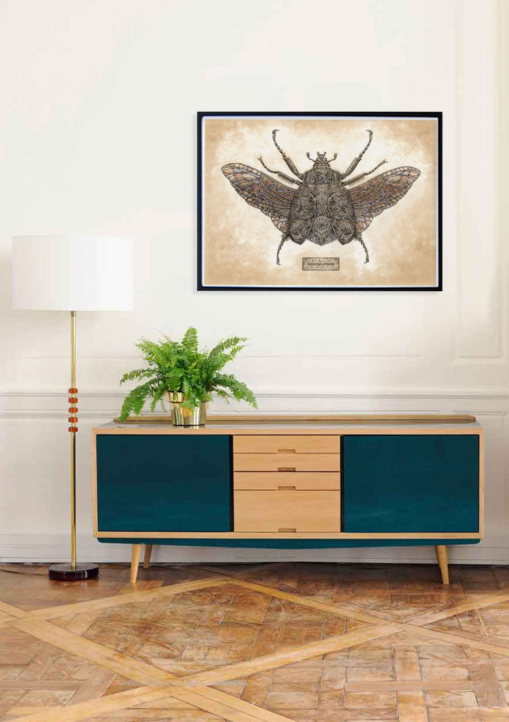 Papillon encadré détaillé, artistique, mur blanc