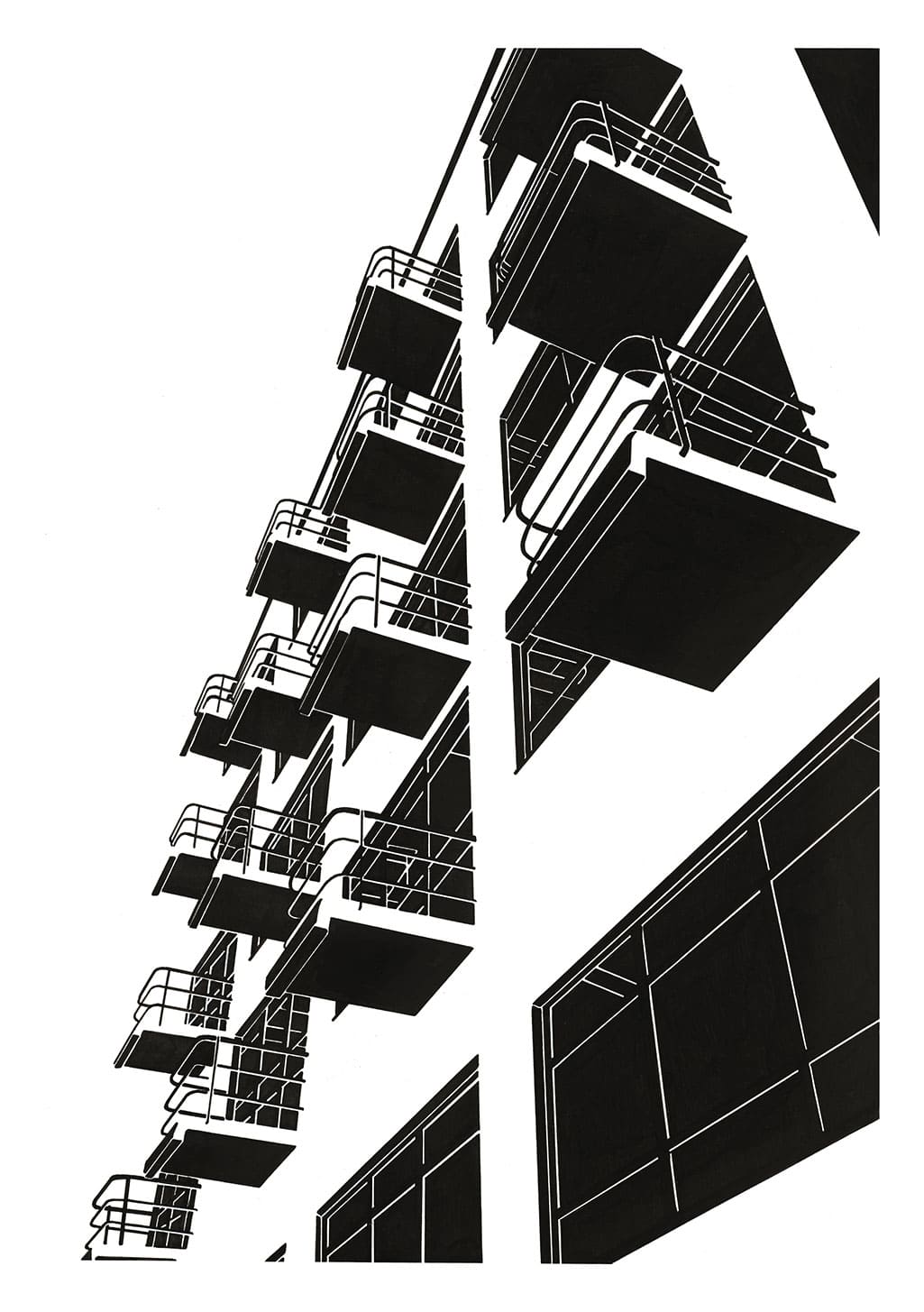 Balcons empilés, lignes géométriques, noir et blanc, design architectural, perspectives multiples