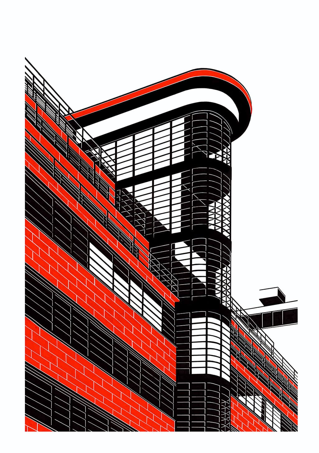 Bâtiment moderne, lignes épurées, couleurs vives, design architectural, structure en grille, design en noir et rouge